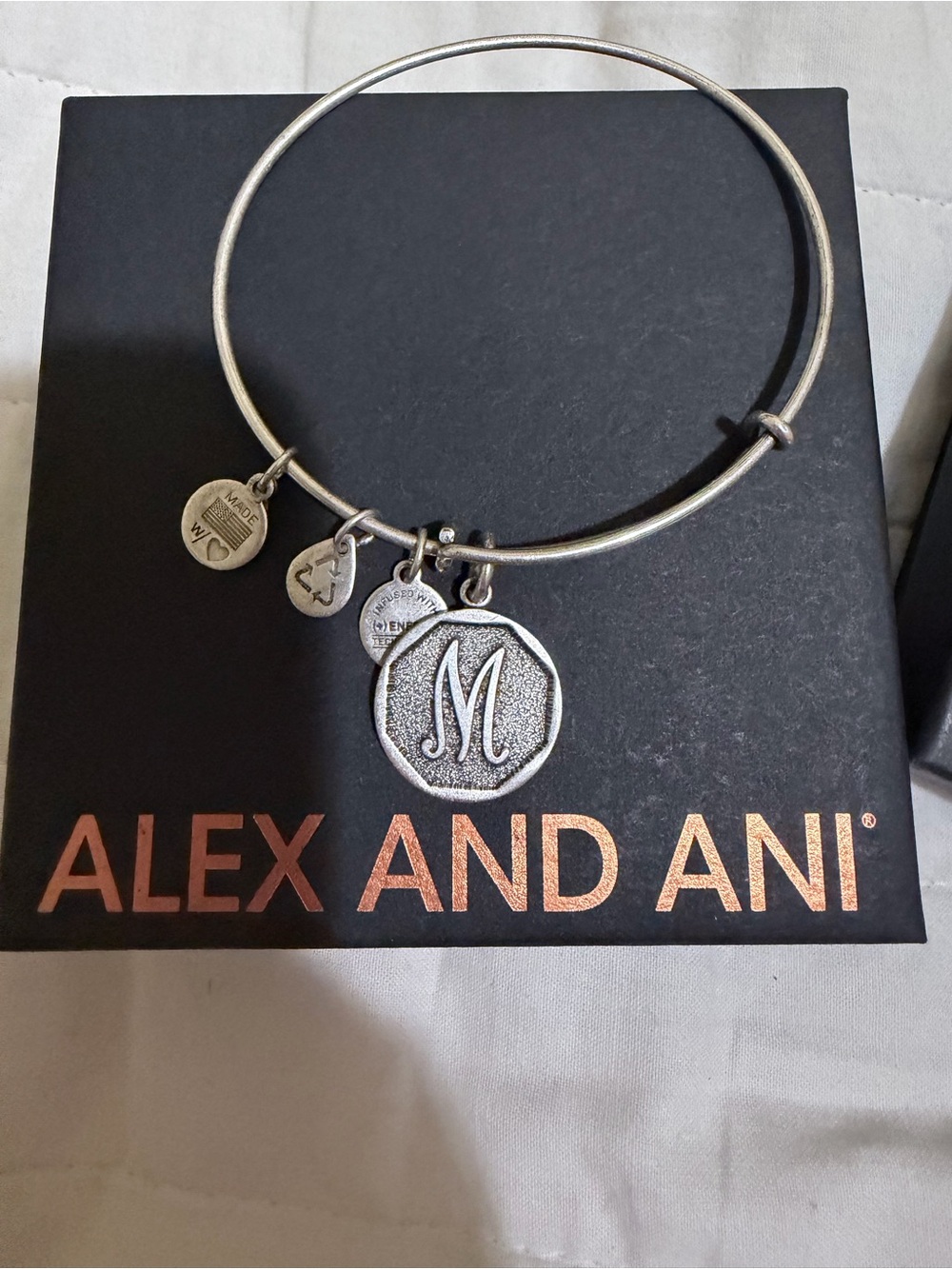 Alex and Ani Silver Initial 'M' Charm Bangle Bracelet